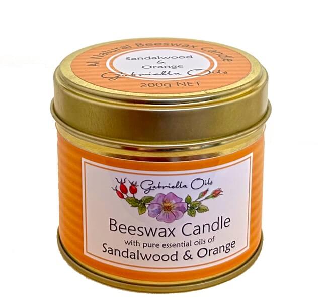 All natural beeswax candle scented with sandalwood and orange essential oils