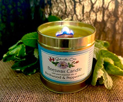 All natural beeswax candle scented with sweet birch and peppermint essential oils, by Gabriella Oils
