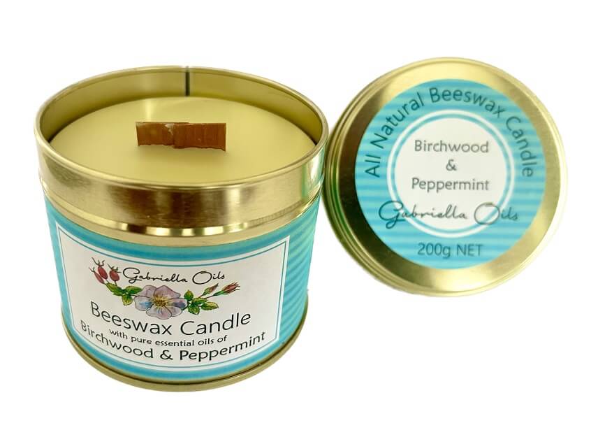 All natural beeswax candle scented with sweet birch and peppermint essential oils