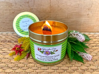 All natural beeswax candle with patchouli and ylang ylang essential oils.