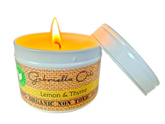 All natural coconut candle with lemon and thyme essential oils.