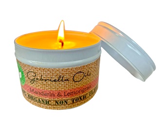 All natural coconut candle with mandarin and lemongrass essential oils.