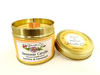 All natural beeswax candle with Jasmine and Geranium essential oils.