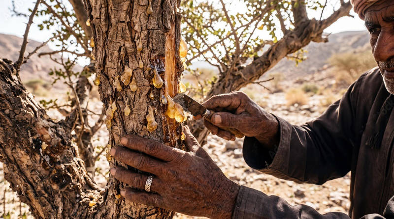 Harvesting frankincense resin from a Boswellia tree
