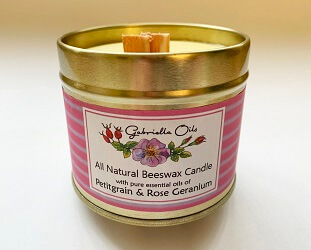 All natural beeswax candle with Petitgrain and Rose Geranium essential oils.