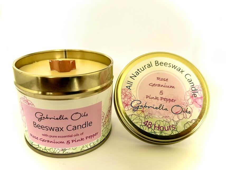 All natural beeswax candle with rose geranium and pink pepper by Gabriella Oils