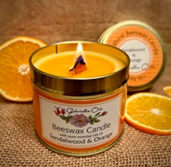 All natural beeswax candle scented with sandalwood and orange essential oils, by Gabriella Oils