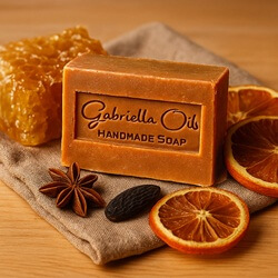 Handmade soap with orange and tonka bean essential oil.