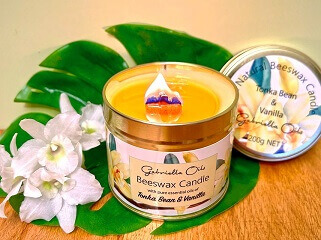 All natural beeswax candle with pure essential oils of tonka bean and vanilla.